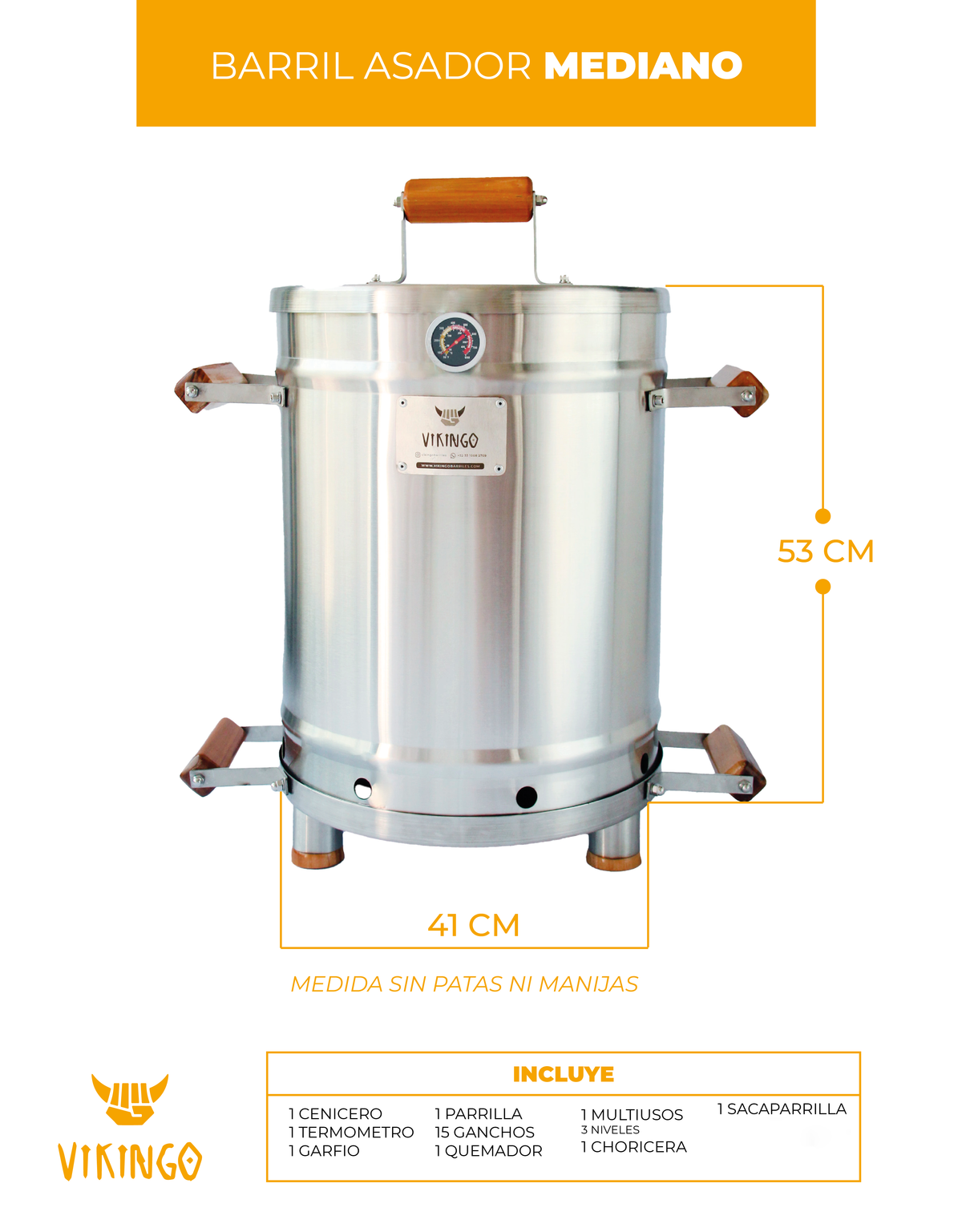 Combo Barril Asador Mediano con Termómetro Inteligente | 12,7 Kg