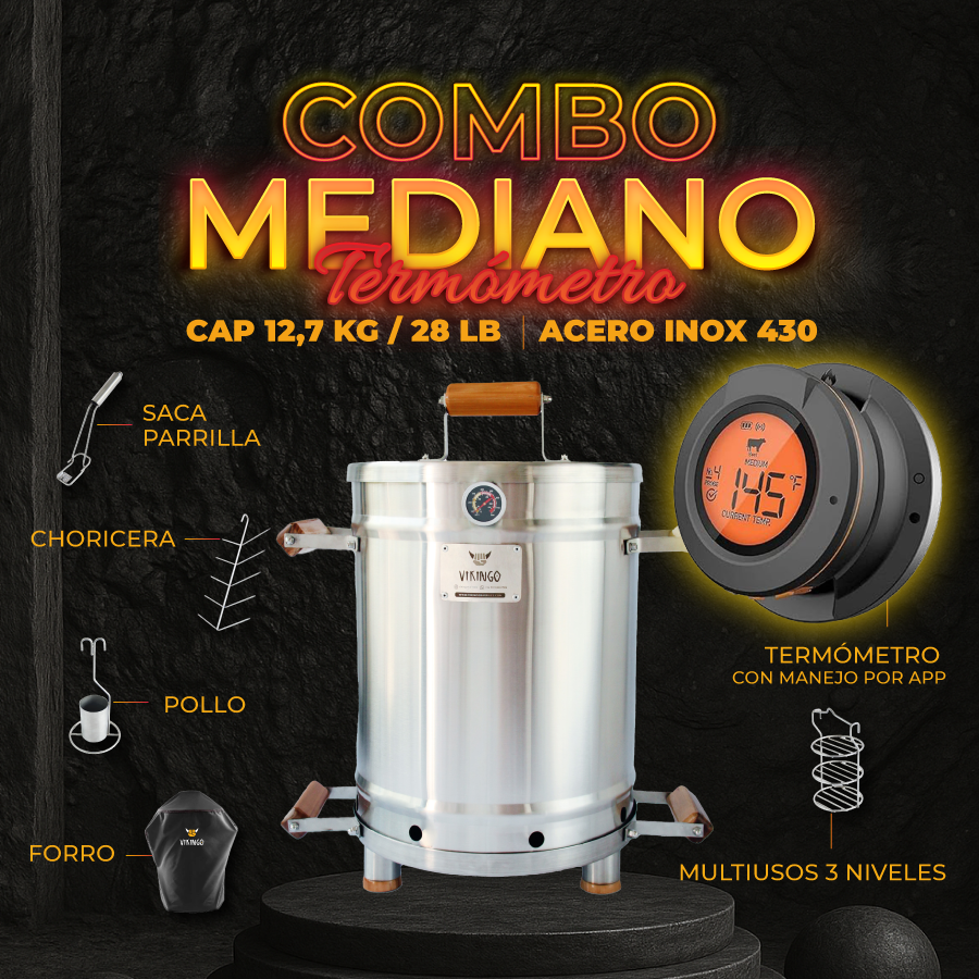 Combo Barril Asador Mediano 12,7 Kg con Termómetro Inteligente | Vikingo Barriles México