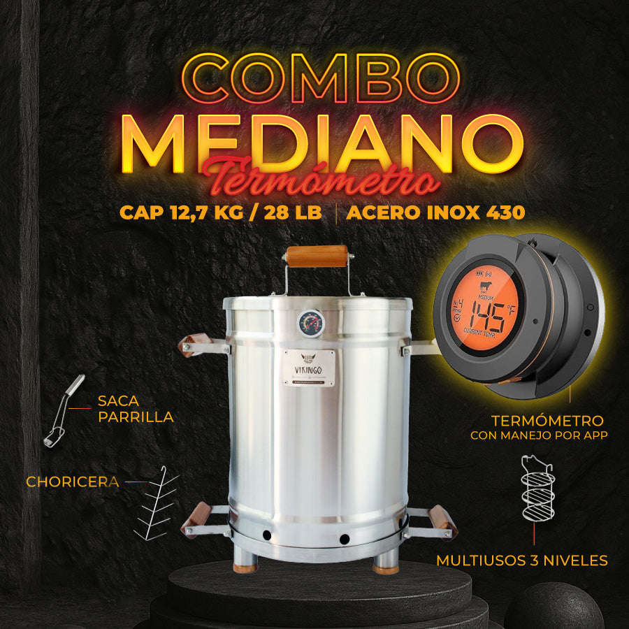 Combo Barril Asador Mediano con Termómetro Inteligente | 12,7 Kg